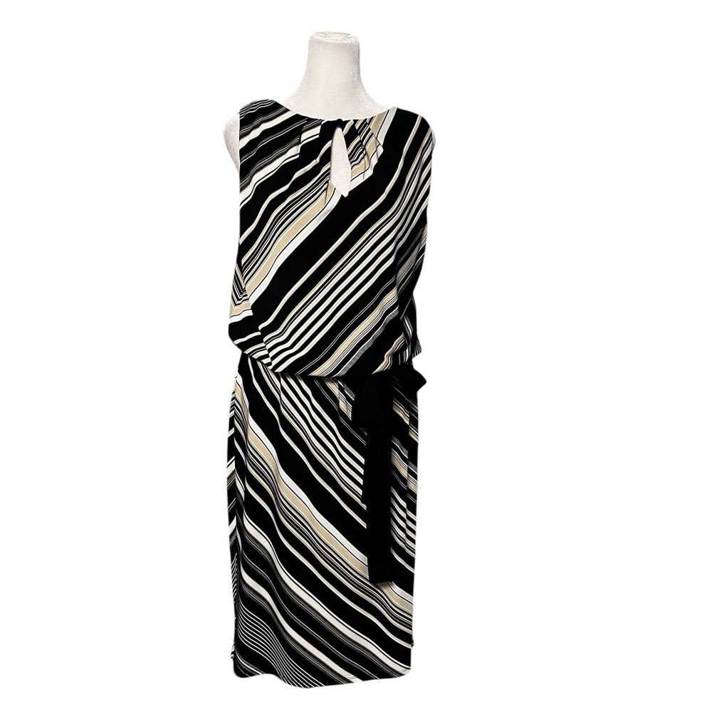 White House Black Market Black Tan Diagonal Stripe Belted Dress Size 10
